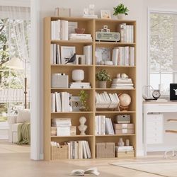 2-Pack 6-Tier Tall Bookcases, Narrow Wooden Bookshelf Set, Natural.