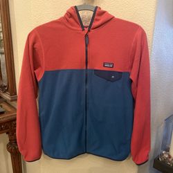 PATAGONIA Kids Red Blue Micro D Snap-T Fleece Zipped Hoodie Jacket Size XL 14Y