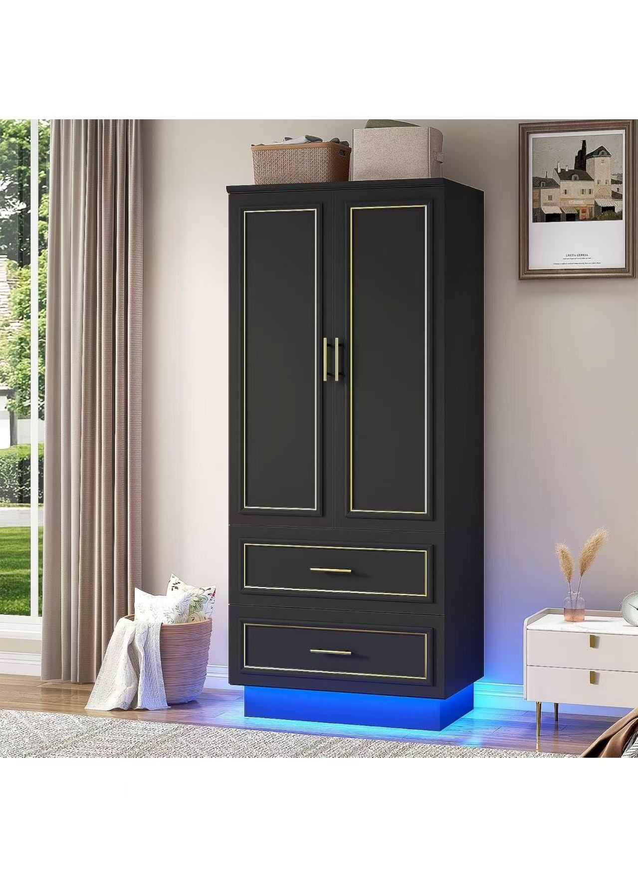 75” Tall 2 Doors Armoire Wardrobe Closet with 2 Drawers and LED Lights