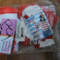 XL Where's Waldo costume pack includes shirt, beenie, socks, and black frame round glasses