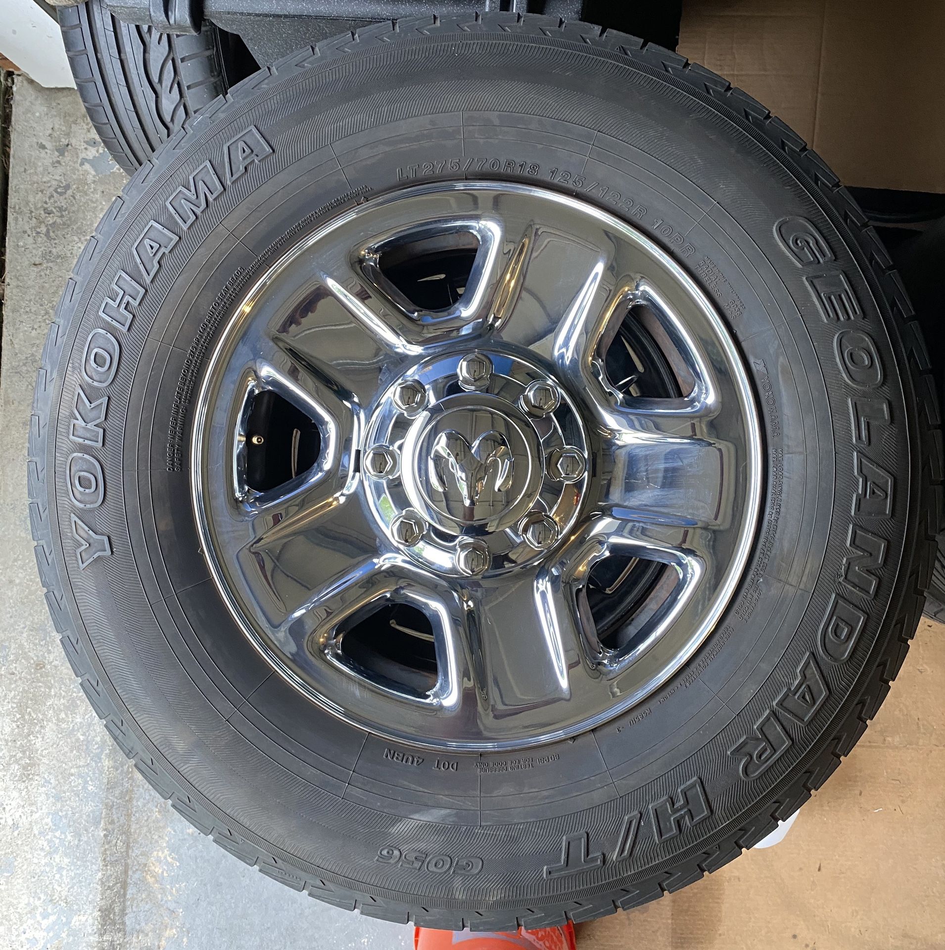 18 INCH 8 LUG DODGE RAM OE CHROME WHEELS & TIRES GOOD CONDITION 8x6.5 BOLT PATTERN.