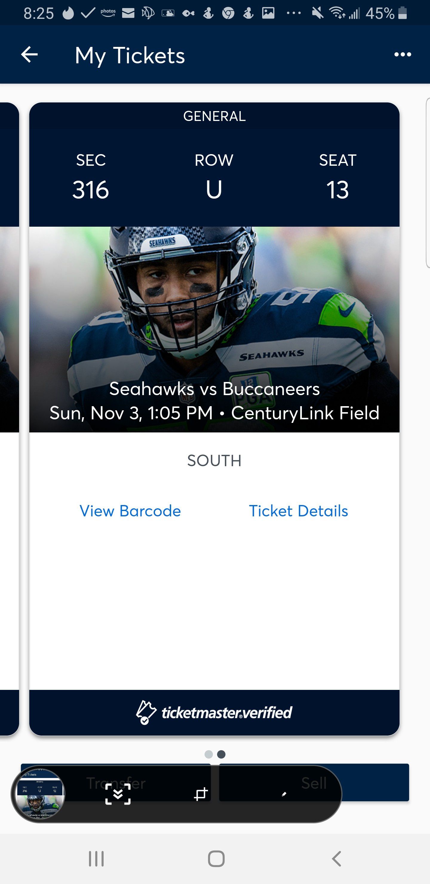 (2) Seahawks vs Buccaneers tickets. Nov. 3rd