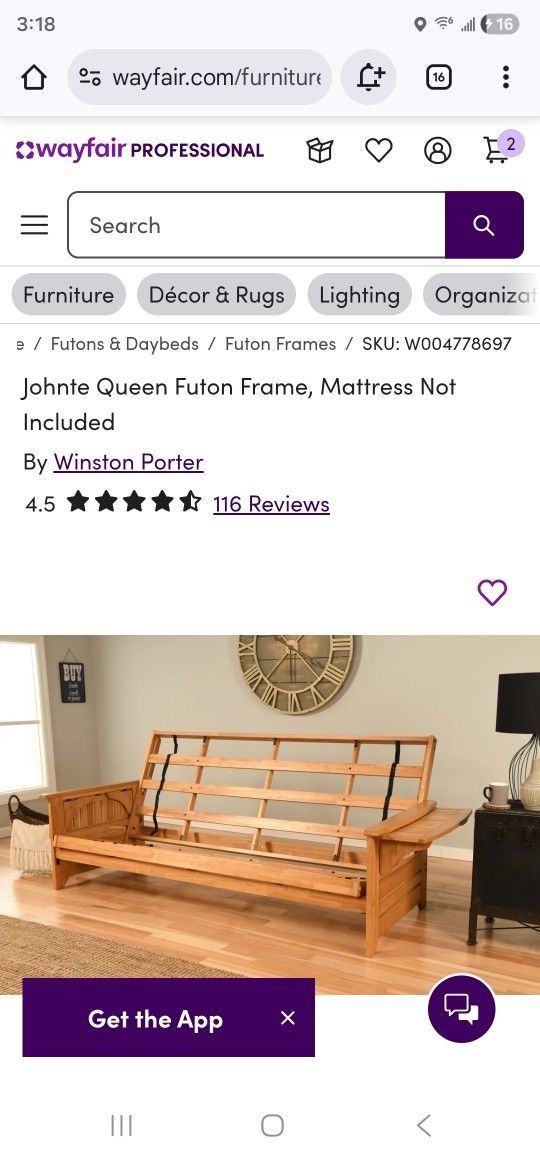 Solid wood futon frame w/pop up "side tables"