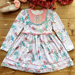 SIZE 6 GIRLS MATILDA JANE LIGHT LILAC FLORALS & BIRDS STRETCHY KNIT DRESS