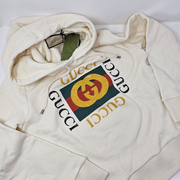 Gucci GG Men's XS UNISEX Women's M Vintage Logo Classic Pullover Hoodie Cream Off White ITALY