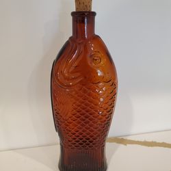 Antique Fairmount Fish Shaped Cod Liver Oil Bottle 10" Brown Amber Glass w/ Cork