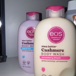 Eos body wash and shea moisture hair oil and bar soap