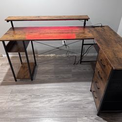 L-Shaped Desk w/ Drawers, LED Lights & Power Outlets – Rustic Style