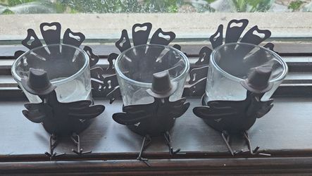 Set of 3 Glass Candle Holders with Turkey Metal Design