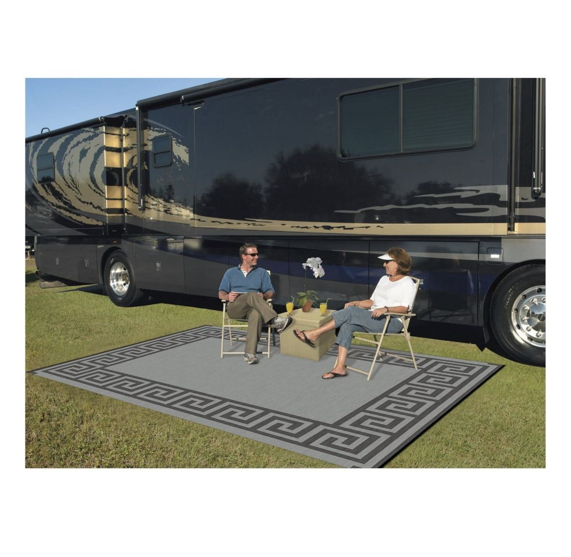 Patio Mats 9x12 Reversible RV Outdoor Patio Mat, Camping Mat, Greek Key, Gray (Reversible with 2 designs)