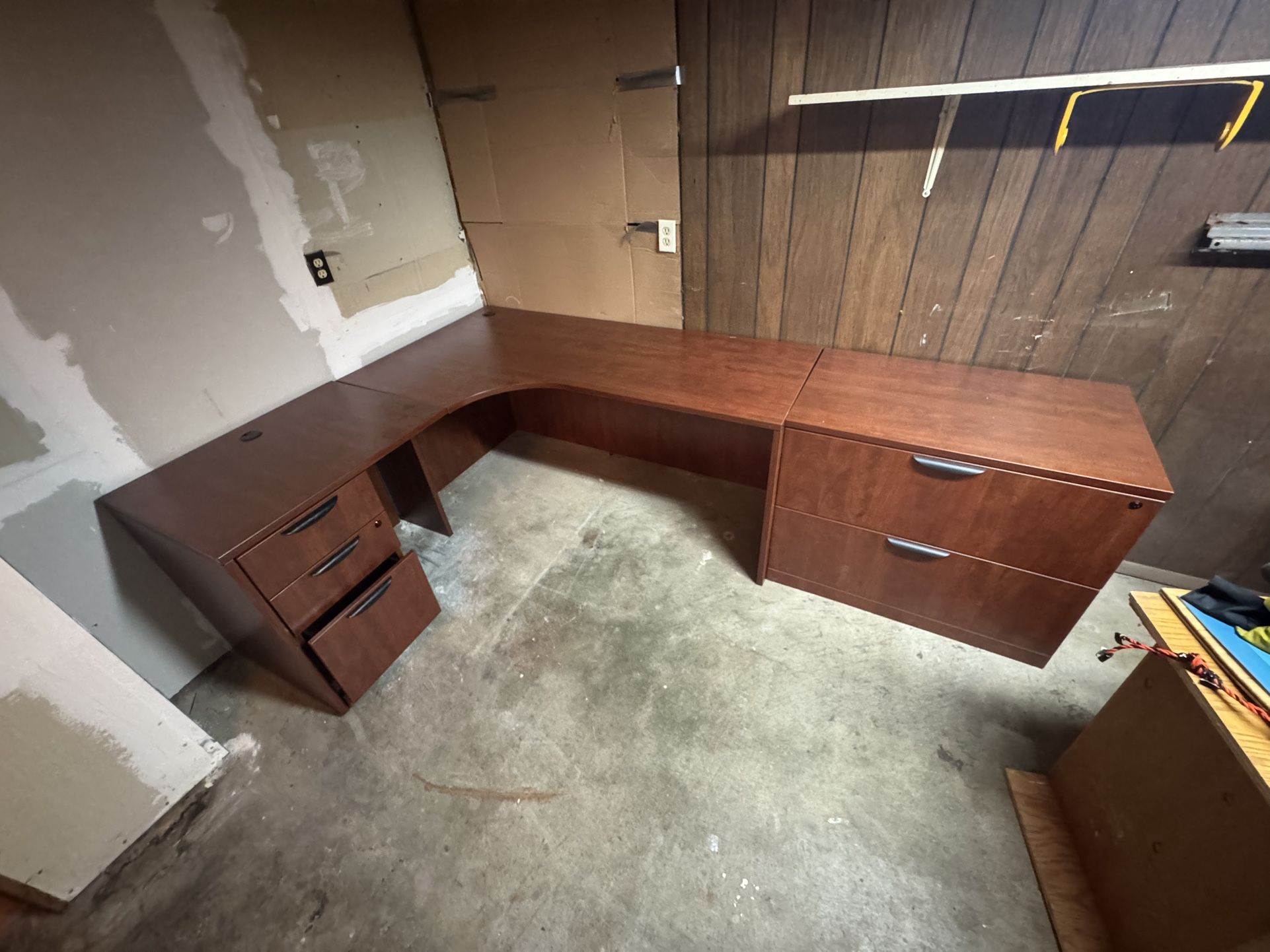L-Shaped Executive Desk + Wall Cabinet + Office Chair – $400 OBO