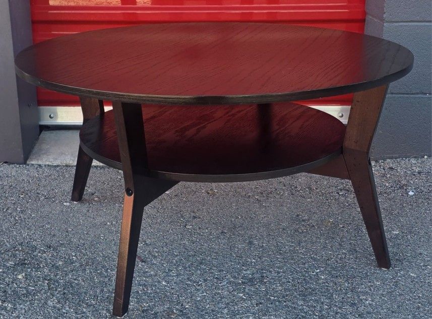 IKEA JAKOBSFORS Round Coffee Table (31.5”) – Dark Brown – w/ Storage Shelf