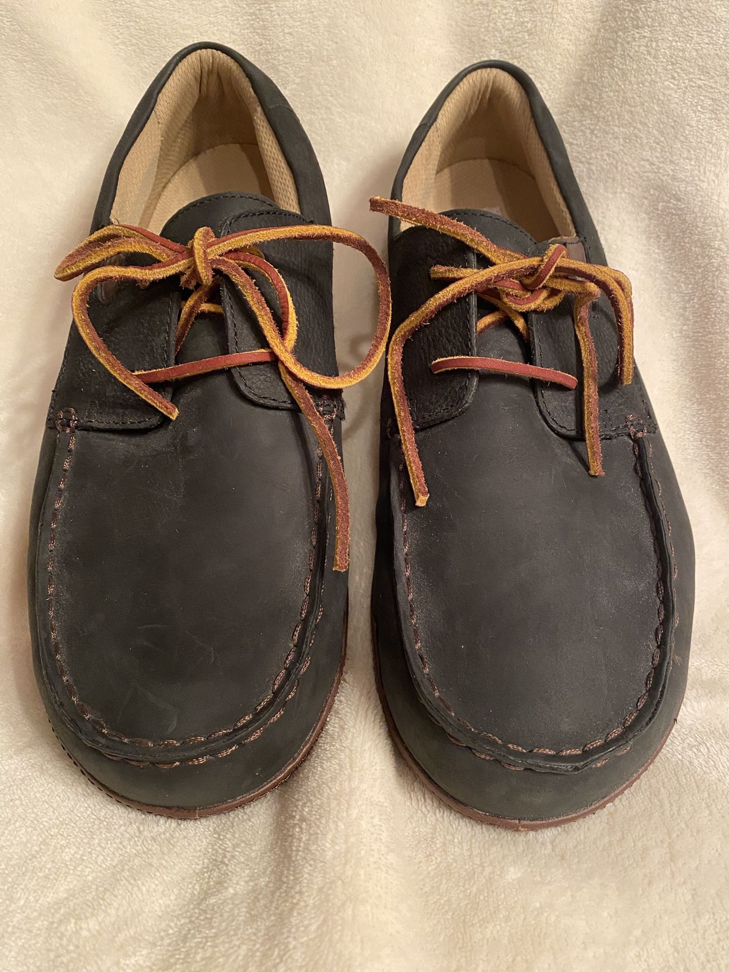Olukai Black Leather Suede Boat Shoes