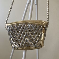 Genuine Leather Crossbody Bag – Gold & Silver Woven – $12