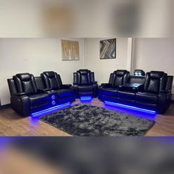 Black leather 3Pc Power recliners Sofa w/ wireless charge Love seat w/ Bluetooth speaker LED lights center storage w/ 2 cup holder