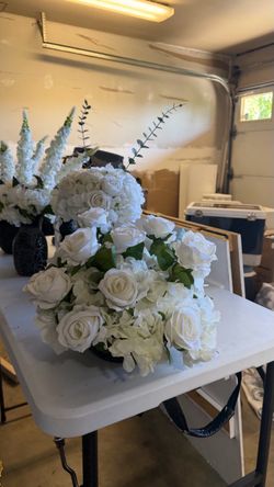 White Artificial Rose and Hydrangea Floral Arrangement