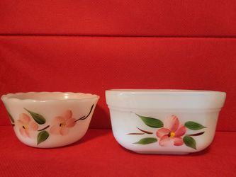 $15.00 - 1950's Anchor Hocking Milk Glass Hostess Bowls - Cook/Serve/Decor! Gorgeous Colors & Design Pattern!