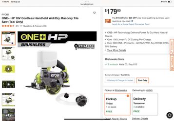 ONE+ HP 18V Cordless Handheld Wet/Dry Masonry Tile Saw (Tool Only)