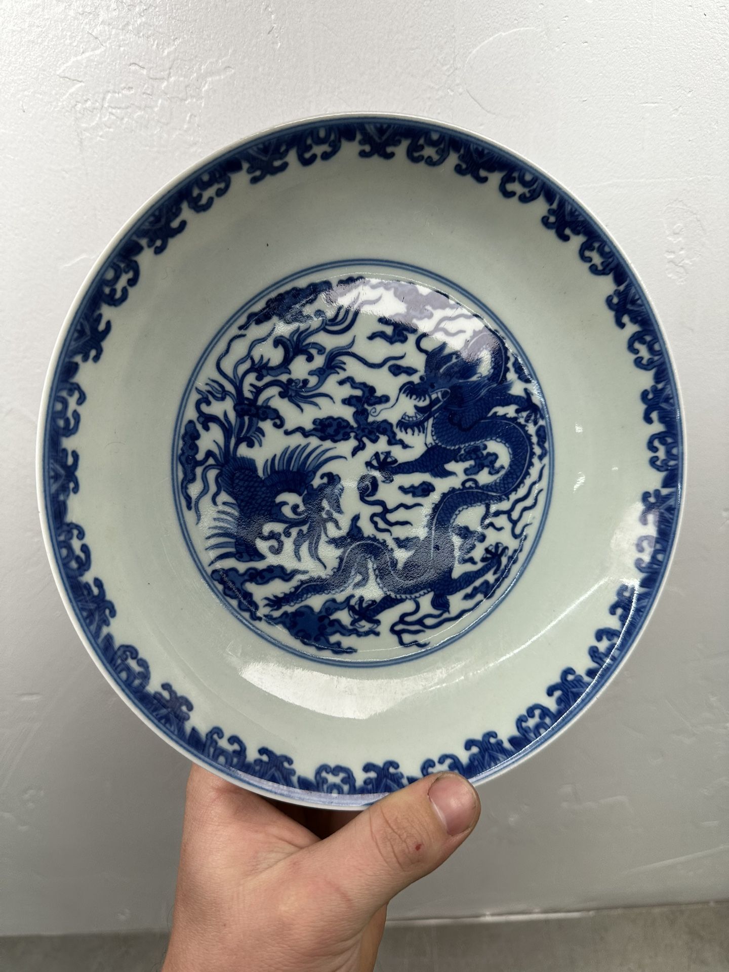 Antique Chinese Qing Style Blue And White Dragon Phoenix Dish 6 Character Mark