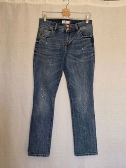 Cabi Cinch Straight Leg Jeans Women 10 Blue Distressed Mid Rise Stretch Denim