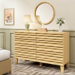 Modern Fluted 6 Drawer Dresser - Solid Wood Look, Boho Mid-Century Storage Cabinet (Ivory/Natural)