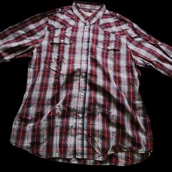 Life After Denim Men's Plaid Button-Up (S) Relaxed Fit, Red/Black/White