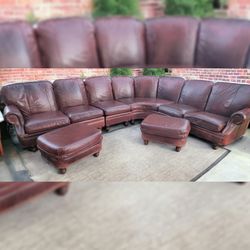 LEATHERCRAFT Genuine Nubuck Leather Sectional - Red/Brown (DELIVERY AVAILABLE)