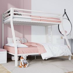 Metal Bunk Bed Twin Over Full Size with Removable Stairs, Heavy Duty Sturdy Frame with 12" Under-Bed Storage for Teens & Adults, No Box Spring Needed,