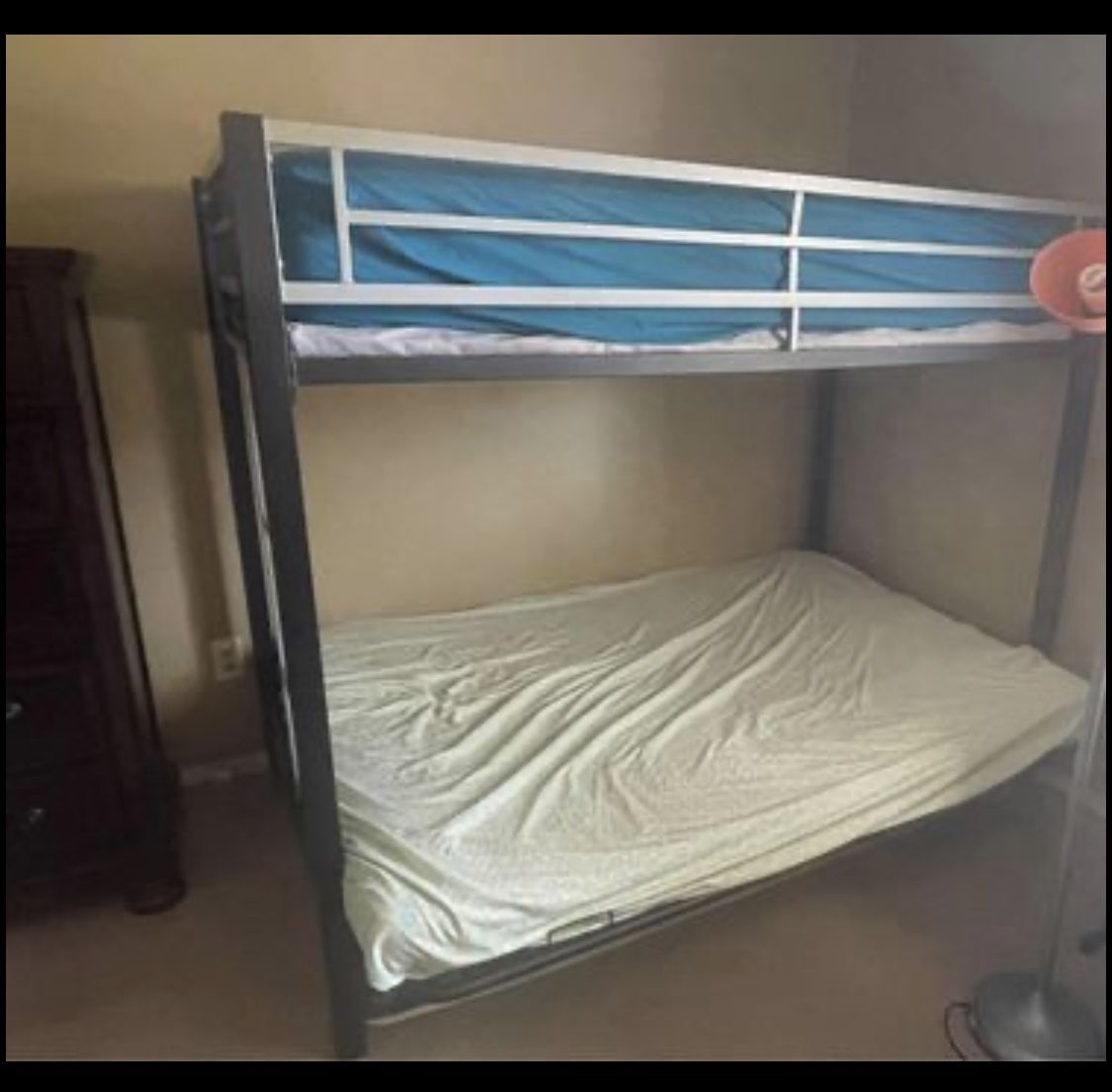 Metal Twin Bunk Bed With Futon Base, Silver and Black with mattresses and covers included