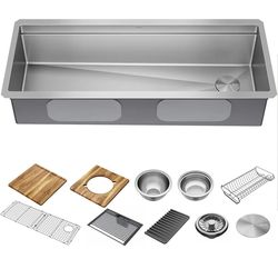 5970: New in box DELTA Lorelai 45-inch Workstation Kitchen Sink Undermount 16 Gauge Stainless Steel Single Bowl with 2-Tier WorkFlow Ledge and Chef’s 