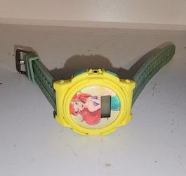 Disney The Little Mermaid digital watch features a bright yellow case and a green band