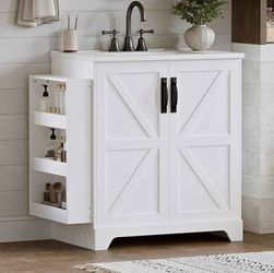 White Farmhouse Bathroom Vanity cabinet with 32in Sink, extra storage shelves and 2 storage doors