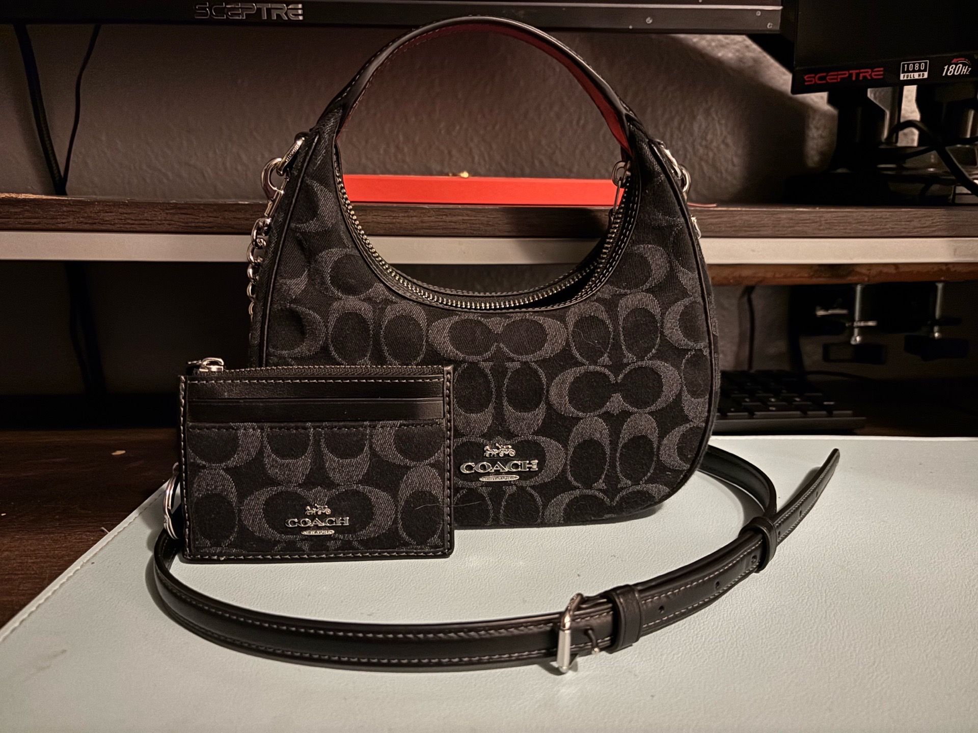 Coach black denim mini Carmen & card holder