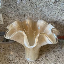 Murano Hand Blown Glass Vase 10" Ruffled Iridescent Italian Art Glass