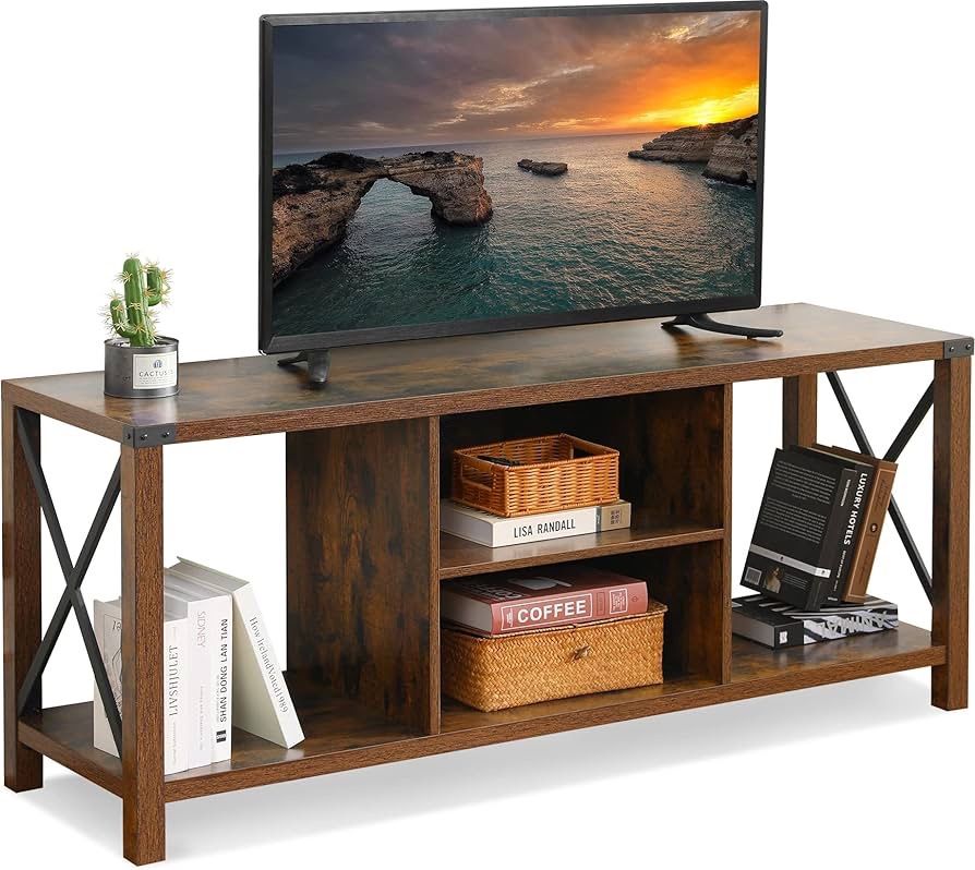Evajoy TV Stand for TV up to 65 inches, 55" Industrial Wood and Metal TV Console Table with Open Storage Shelves, Modern TV Cabinet Entertainment Cent