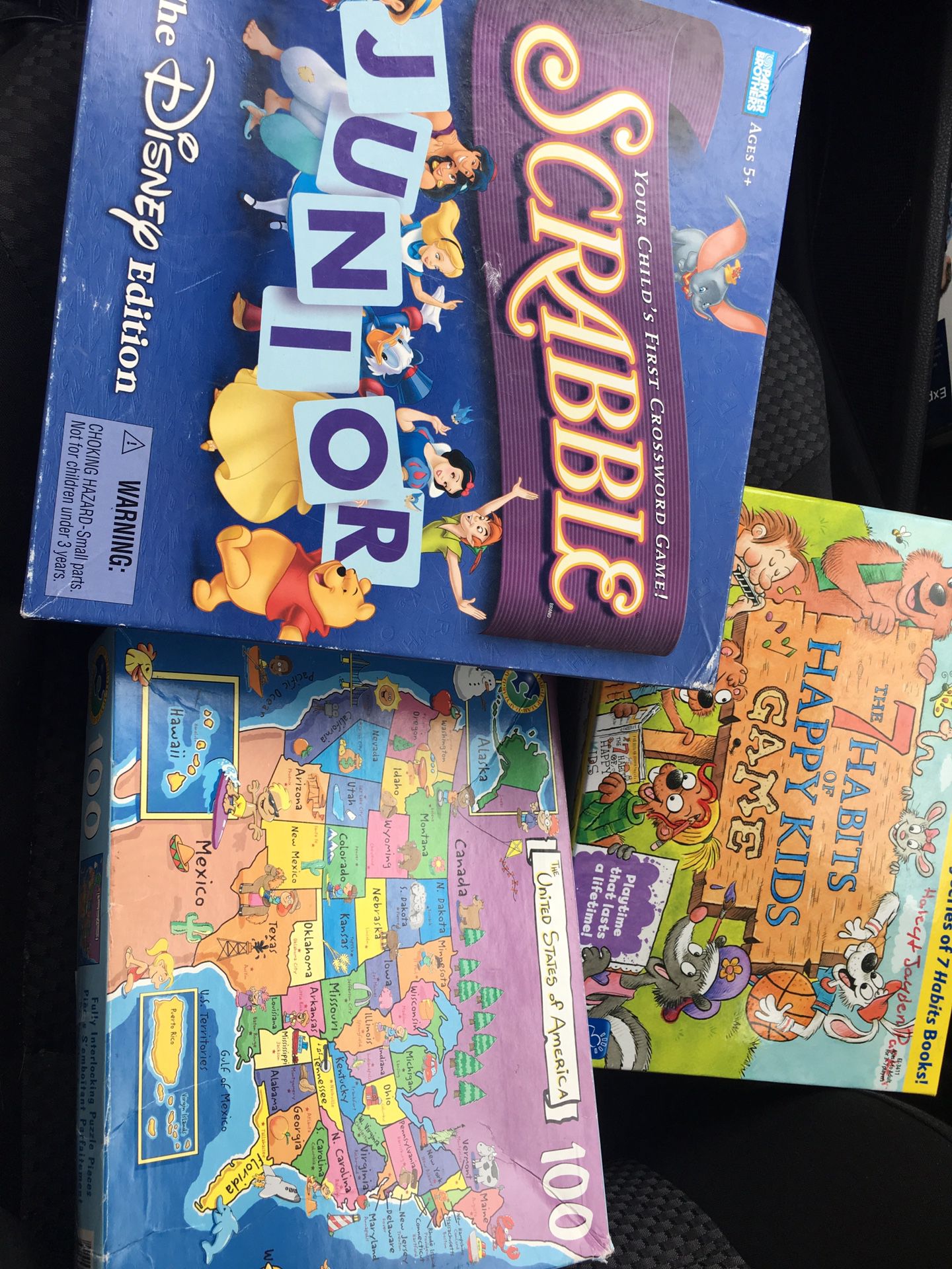 3 games. Scrabble 7 Habits of Happy kids and USMap puzzle