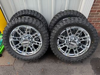 NEW 22 inch chrome f250 style wheels wrapped in atturo mt 35x12.50r22 8 lug 8x170.