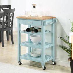 Ellaine Sea Foam Blue 4 Tier Butcher Block Kitchen Cart with Drawer and Wine Rack