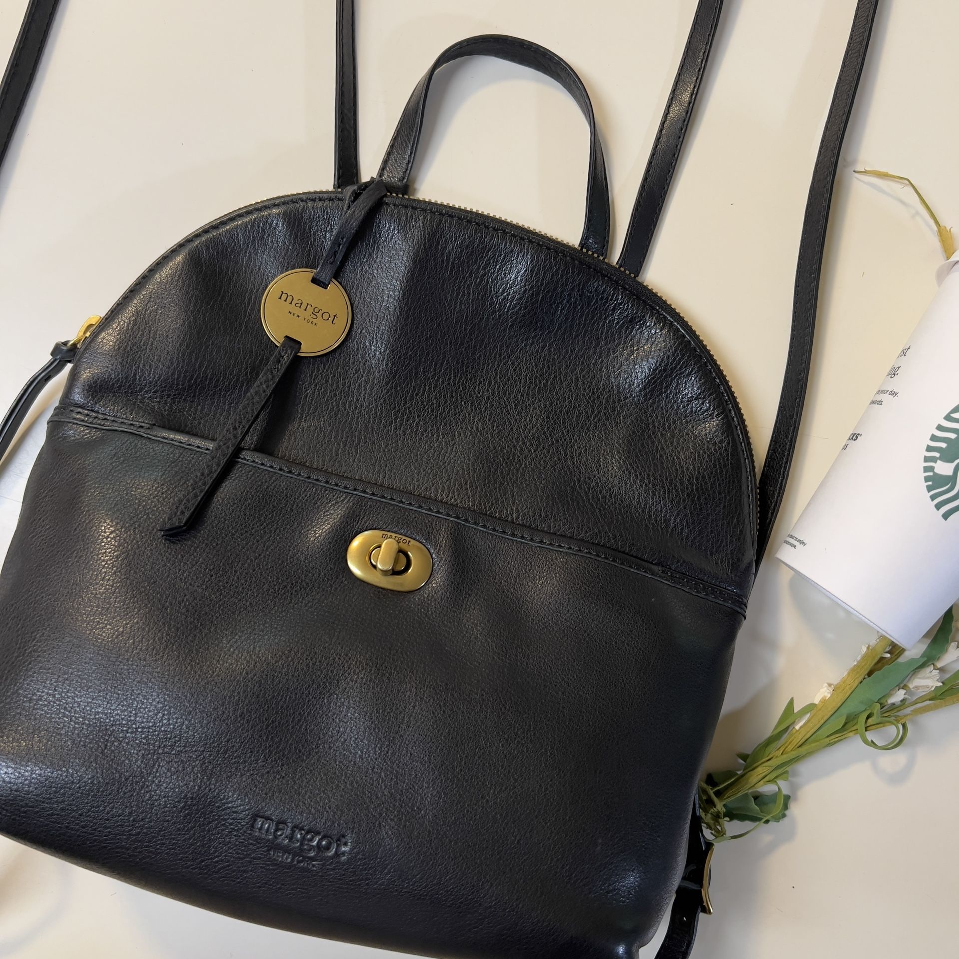Margot New York Women’s Black Leather Brass Gold Zipper Hardware backpack Bag