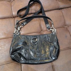 Coach Black Patent Leather Shoulder or Cross Body Logo Bag with Removable Strap