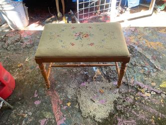 Vintage Needlepoint Upholstered Wood Bench Stool