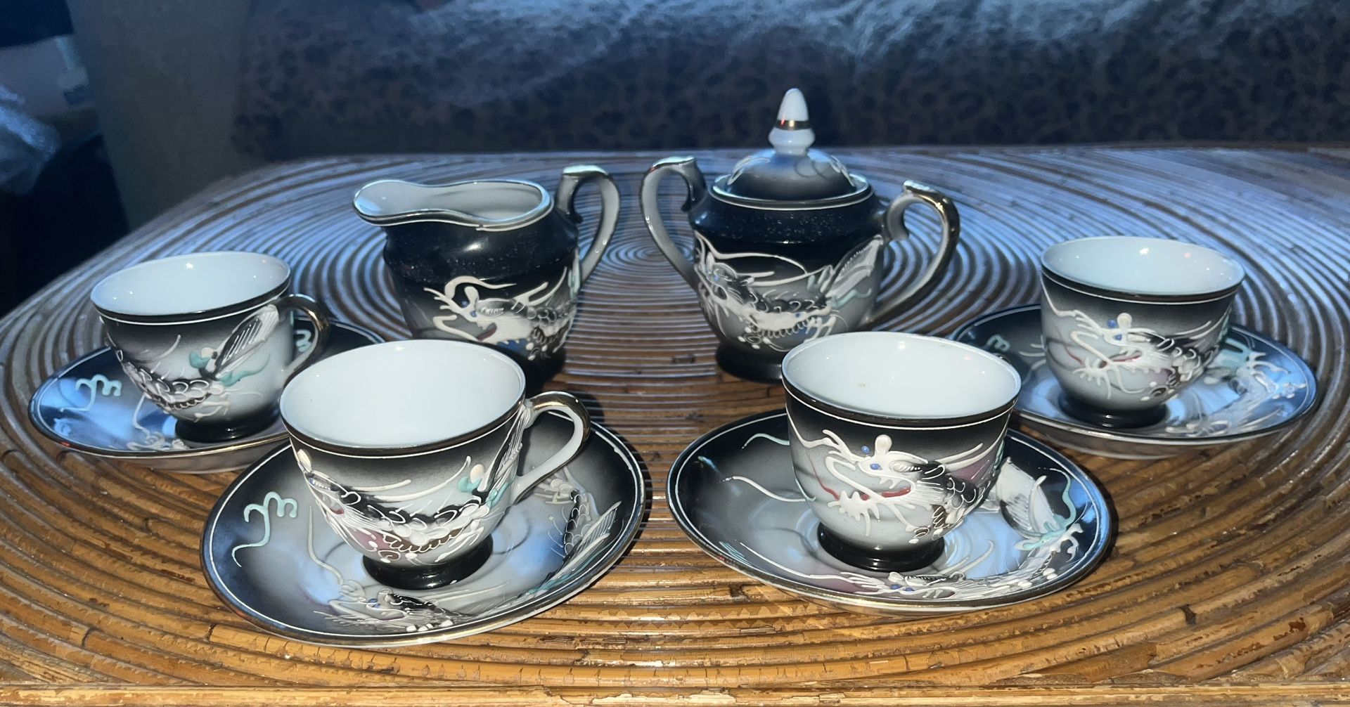 Vintage Hand Painted Japanese Moriage Lithophane Dragonware Gold Trim Tea Set 11 piece Lot