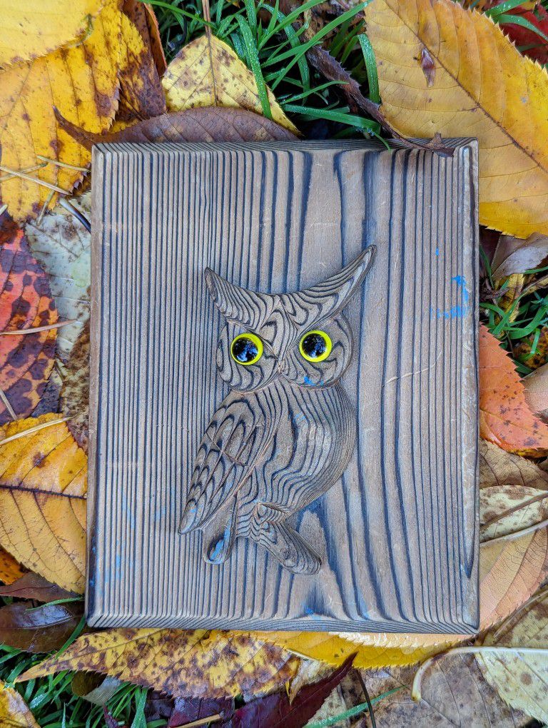 Vintage Otagiri Wooden owl with yellow glass eyes wall hanging