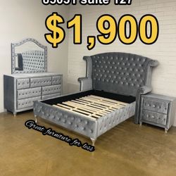 Queen Size Bedroom Set Grey Velvet Include Bed Frame Dresser Mirror And 1 Nightstand Brand New