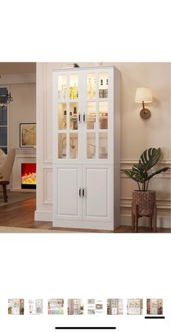 MEISSALIVVE Kitchen Pantry Storage Cabinet with LED Lights, 78.7" Tall with Glass Doors & Drawers, Freestanding Utility Cabinet, White (31.5" W x 15.7