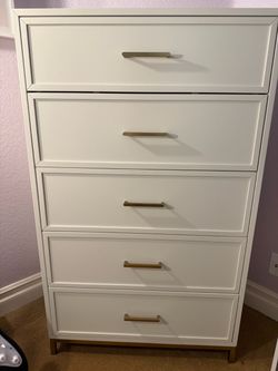 White Pottery Barn 5-Drawer Tall Dresser with Gold Hardware