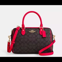 COACH ROWAN SATCHEL HANDBAG/ Crossbody, Brown Red Trim