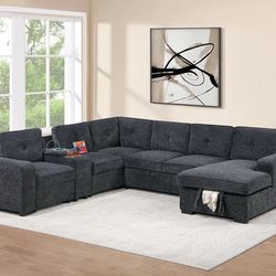 4-Piece Convertible Sectional Pull-Out Bed Sofa W/Console + Cup Holder + USB Port + Chaise Storage  Color: Dark Gray ☎️📲(213)713-74-89  Seccional de 