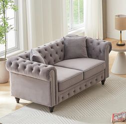 63.5 inch Modern Upholstered Chesterfield Velvet Fabric Loveseat Sofa,Grey Fluffy Luxury Mid-Century Cloud Couch with Nailhead Trim & Rolled Arms & Bu
