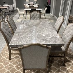 New 7 Pc Marble Top Dining Table & Server 